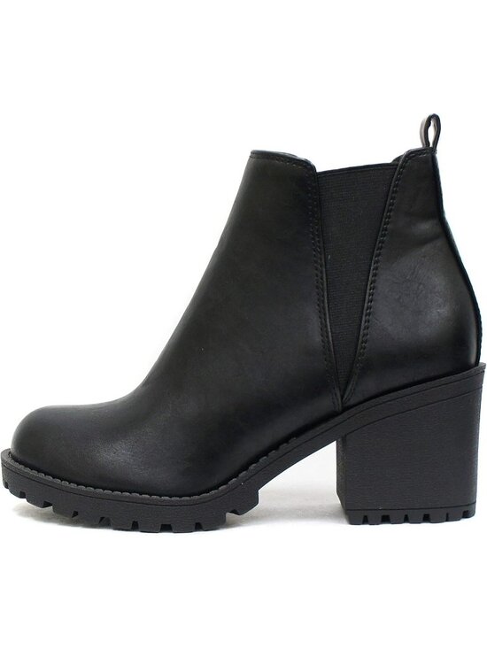 Shoes - Women's Black Leather Origami Lug Sole Mid Heel Ankle Bootie Double Elastic Boot